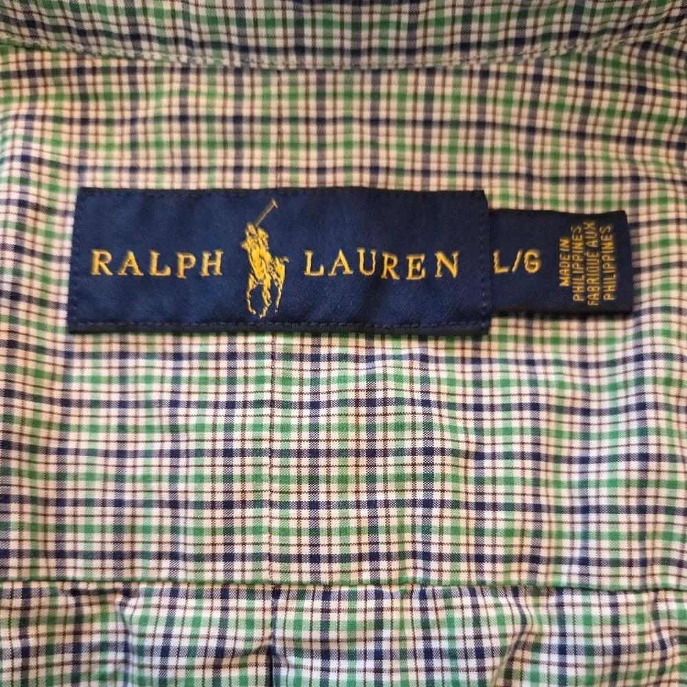 Polo Ralph Lauren Mens Large Green Navy Blue Micro Check Button Down Shirt L/G